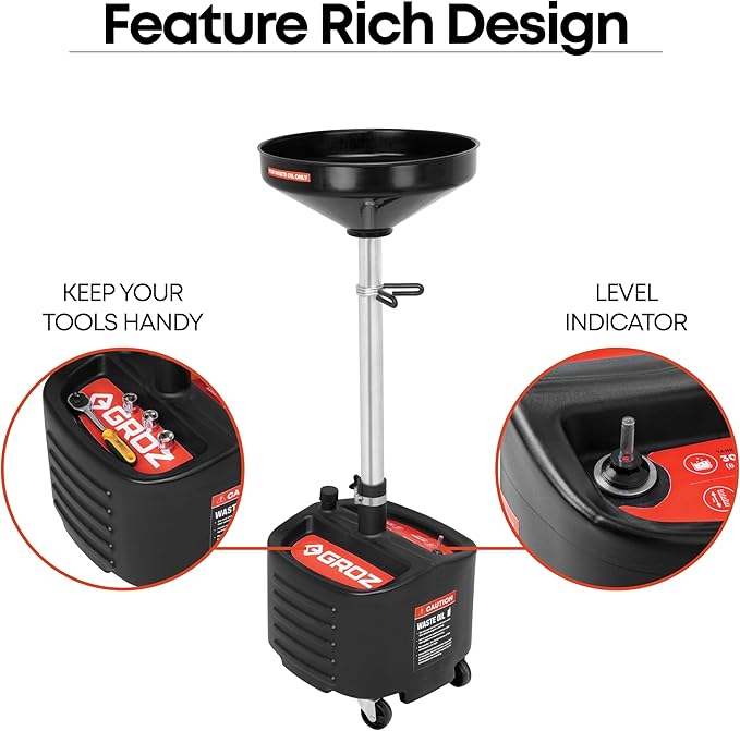 Groz 8 Gallon Waste Oil Drain Pan - Wheeled, Adjustable Height, Spill-Proof Design, Tool Storage (44605)