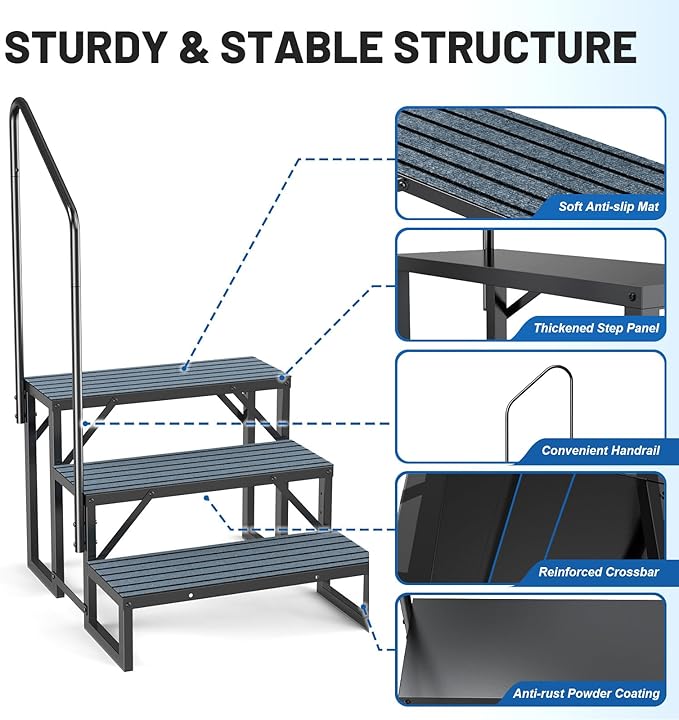 RV Steps Spa Steps with Handrail - 3 Step Hot Tub Steps Trailer Steps Mobile Home Stairs for 5th Wheel RV, Trailer, Hot Tub, Pool, Porch with Non-Slip Mats