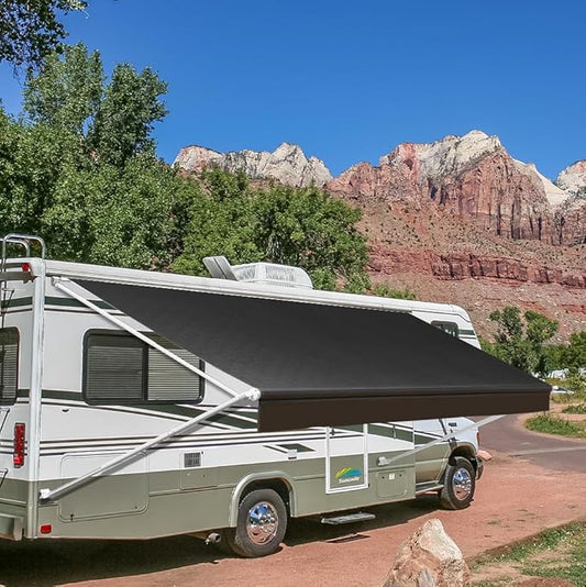 Suncode Manual RV Awning White Modular Retractable Awning Complete Kit for RV,5th Wheel,Travel Trailers,Toy Haulers,Motorhome RV Trailer Awning for Home or Camper-12x8Ft-Black