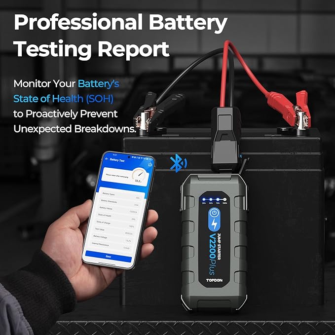 Car Battery Jump Starter and Battery Tester TOPDON 2-in-1 2200A Peak Jump Starter for Up to 8L Gas/6L Diesel Engines 12V Portable Booster and Tester