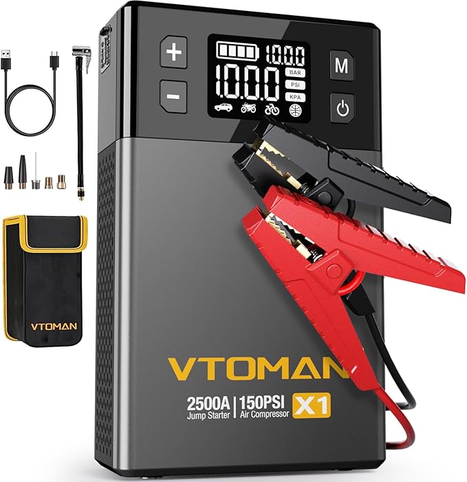 VTOMAN X1 Jump Starter with Air Compressor, Car Battery Jumper Starter (2500A, Up to 8.5L Gas/6L Diesel Engine) with 150PSI Auto Tire Inflator, 12V Portable Booster Pack, Lithium Jump Box Charger-Gray