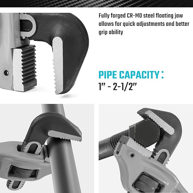 DURATECH 18-inch Heavy Duty Aluminum Offset Pipe Wrench, 2-1/2 ” Jaw Capacity, Adjustable Plumbing Wrench, Drop Forged, Exceed GGG standard