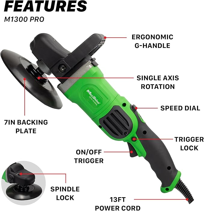 Maxshine 7" M1300 Pro Rotary Polisher - 1300W, 6-Speed, 5/8” Thread - Auto Detailing Tool for Paint Protection, Swirl & Scratch Repair, Buffing, Glossy Shine - Ideal for Cars, Trucks, SUVs