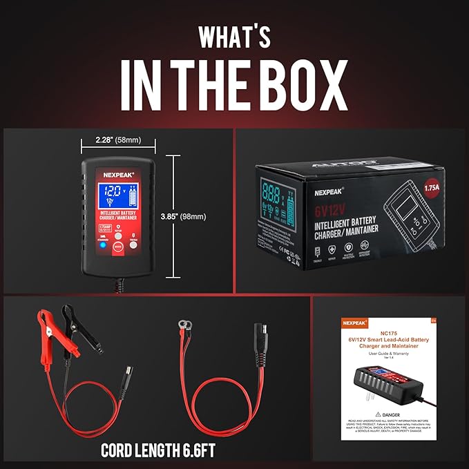 1.75-Amp Car Battery Charger, 6V and 12V Smart Fully Automatic Battery Charger Maintainer, Trickle Charger, Battery Desulfator for Car, Lawn Mower, Motorcycle, Boat, Marine Lead Acid Batteries