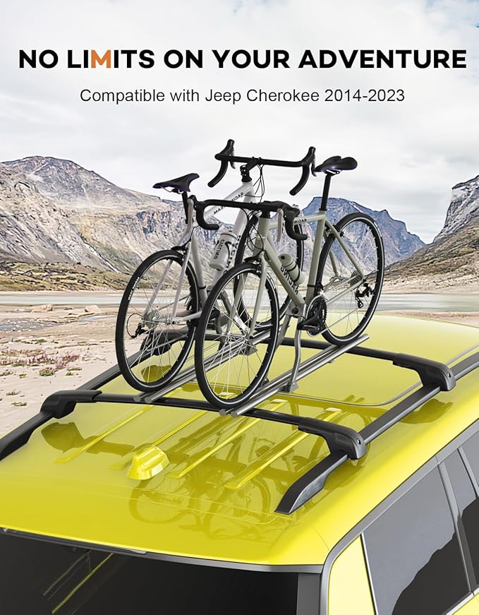 300lbs Lockable Roof Rack Cross Bars Compatible with Jeep Cherokee 2014-2023, Heavy Duty Aluminum Roof Rails Crossbars Cargo Canoe Black Rooftop Cargo.