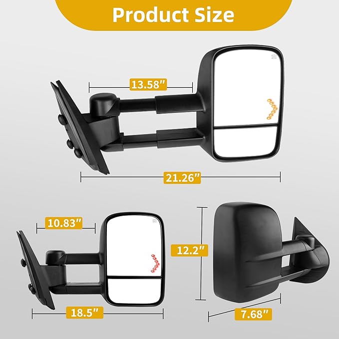 DWVO Power Heated Tow Mirrors for 2007-2014 Chevy Silverado GMC Sierra, Replacement Mirror Set with Turn Signal, Dual Glass, and Telescoping Design, Black