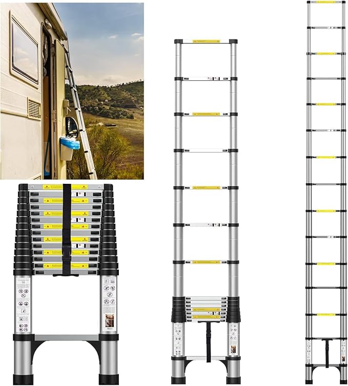 14.5FT Telescoping Ladder, Lightweight Multi-Purpose Aluminum Extension Ladder with Triangle Stabilizers and Non-Slip Feet, Retractable Extendable Ladder for RV, Roof and Outdoor Work Silvery