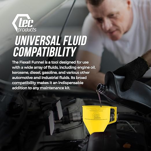 TEC Products FlexAll Long Flexible Funnel for Automotive Use - Durable Nitrile Rubber - Ideal for Car Oil Change, Transmission Funnel Fluid, Diesel, Fuel, Gas - Made in USA - Yellow (16 x 5 Inches)