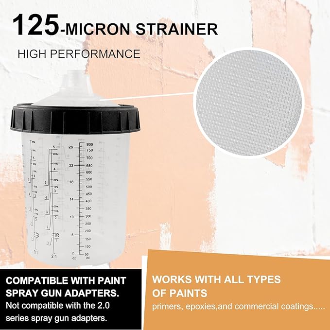 RRJ Disposable Paint Cup Automotive Spray Gun Paint System, for LVLP/HVLP Spray Gun Kit 27 Ounce(800ML) Mixing Cups with 50 Liners and Lids, 1 Hard Cup with Retainer Ring, 2 Adapter, Stirrer
