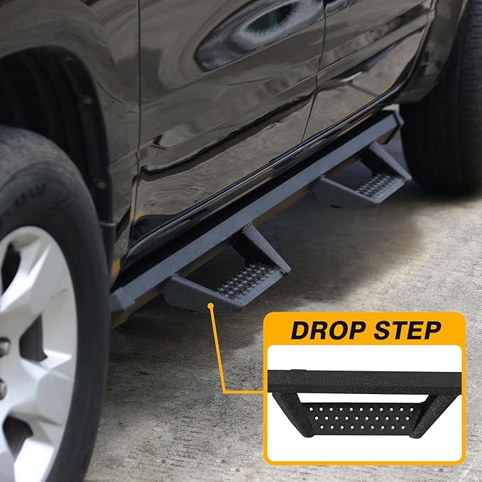 Drop Down Running Boards Compatible with 2005-2023 Toyota Tacoma Double Cab Crew Cab, Dual-Stage Textured Black Powder Coated, 4 Inch Step Bars Side Step.