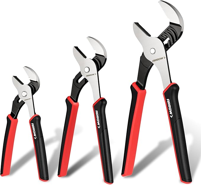 ARROW 3-Piece Groove Joint Pliers, 8", 10" & 12" Adjustable Water Pump Pliers with TPR Handle, High Carbon Steel Tongue and Groove Plier for Plumbing, Automotive and Household Repairs