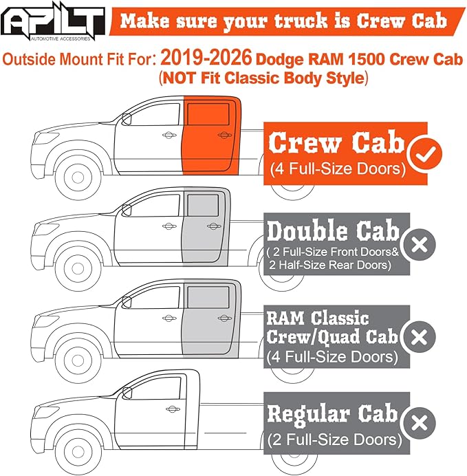 Outside-Mount Rain Guards Window Visors for 2019-2026 Dodge RAM 1500 Crew Cab (New Body Style) Full-Size Wind Vent Deflectors Truck Accessories Dark Smoke 4-Piece Set with Thicker