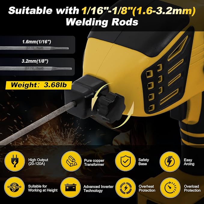 Handheld Welder 110V ARC Portable Stick Welding Machine IGBT Inverter 20-120Amps Stepless Current 1/16"-1/8" Electrodes Home Repair DIY Work for Beginner (Yellow)