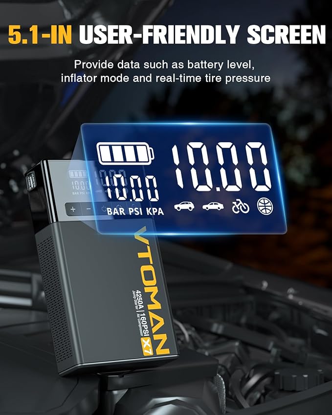 VTOMAN X7 Jump Starter with Air Compressor, 4250A&160PSI Battery Car Jumper Starter Portable Booster Pack (10L Gas/10L Diesel) with Tire Inflator, 12V Lithium Jump Box for Pickup Trucks & Suvs, QC 3.0