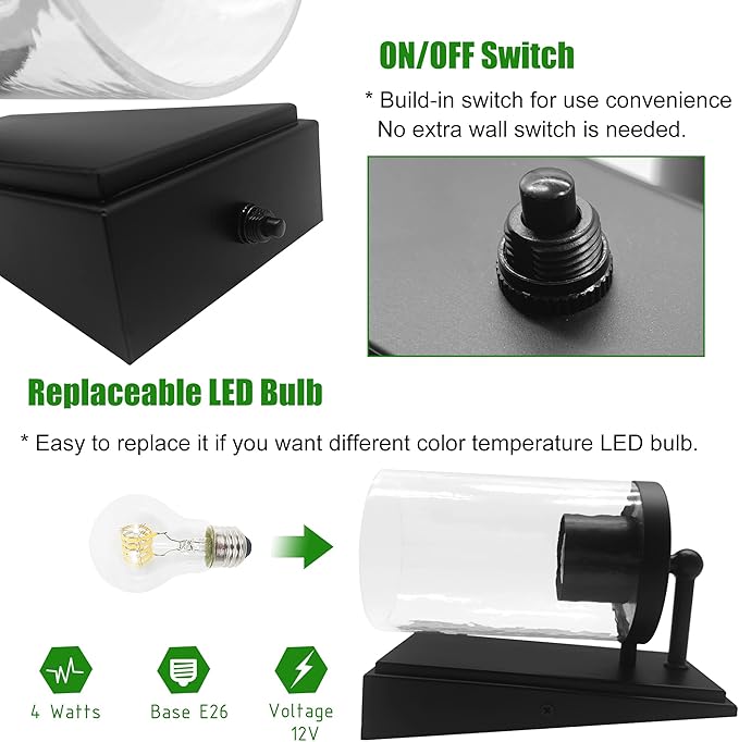 12V LED RV Wall Sconce with Switch, 1XE26 LED Bulb Included, 12Volts DC RV Interior Light Fixture with Clear Glass Shade, use for RV Trailer Motorhome Caravan Boat