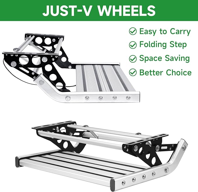 Just-V RV Camper Steps Single Drop Down Steps One-Hand Expand or Collapse Manual RV Stairs Folding Stable Ladders with Non-Slip Rubber Feet and Luminous Tape Glow Holds Up to 450 lbs