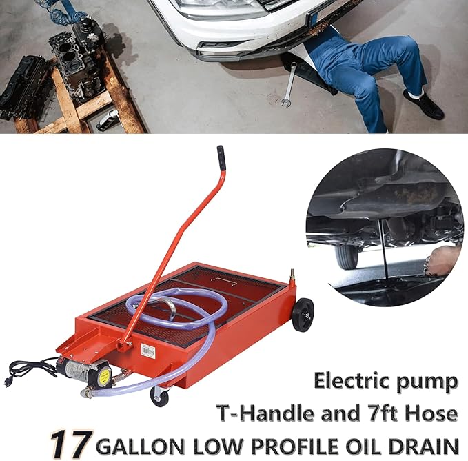 17 Gallon Oil Drain Pan with Electric Pump, Low Profile Oil Pans for Truck, Car Changing Oil, Foldable Handle/7 Ft Evacuation Hose/Swivel Casters Wheels
