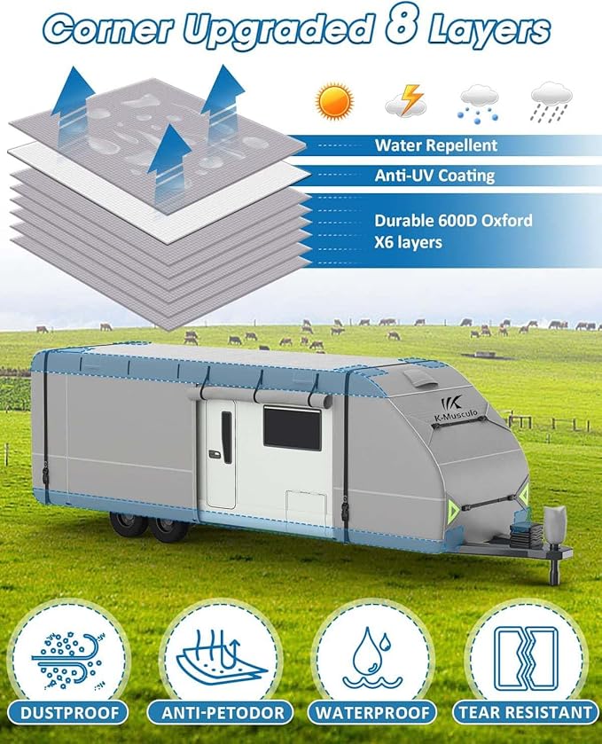 K-Musculo RV Cover, 27-30 FT Heavy Duty Travel Trailer Cover with 8 Layers Corner, Windproof and Waterproof Camper Cover with 4 Tire Cover & Tongue Jack Cover