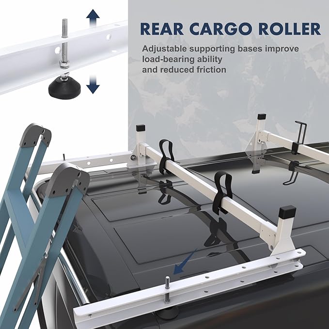 Cargo Van Roof Ladder Rack Fit for 2015-2025 Ford Transit 150 250 350 with Rear Cargo Roller 800LB Steel White