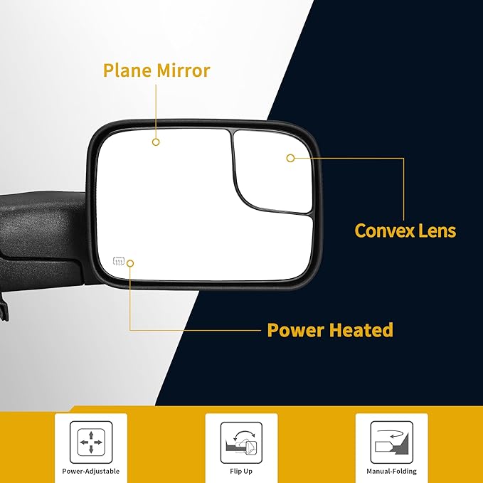 DWVO Side Towing Mirrors Compatible with 2002 2003 2004 2005 2006 2007 2008 Dodge Ram 1500, 03-09 Dodge Ram 2500 3500, Passenger Side Mirror with Power Heated Manul Folding, Black