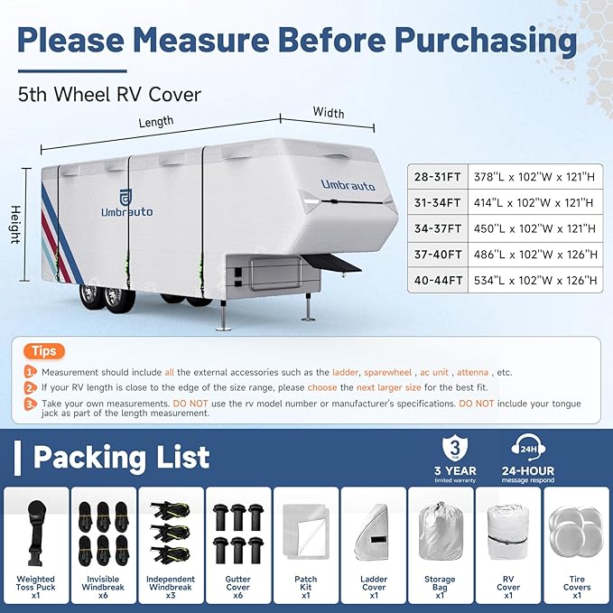 Umbrauto 5th Wheel RV Cover Upgraded 300D Waterproof Breathable Camper Covers Fits 28' - 31' Travel Trailer Motorhome with 2Pcs Extra Straps & Gutter Covers
