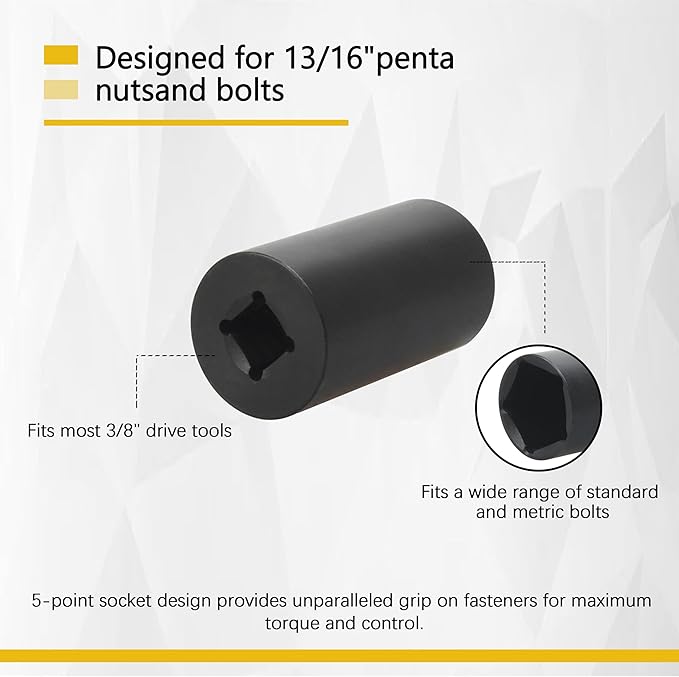 Pentagon Socket, 3/8-Inch Drive 13/16-Inch 5-Point Impact Socket Tool for Pentagonal Nuts, Curb Boxes, Water Meters, Fire Hydrants