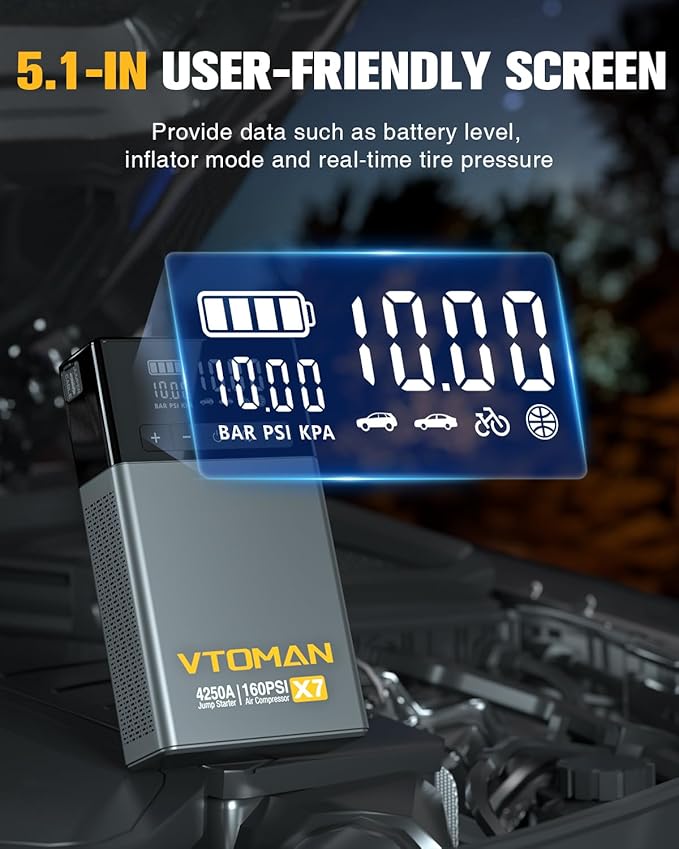 VTOMAN X7 Jump Starter with Air Compressor, 4250A&160PSI Pickup Trucks & Suvs Battery Car Jumper Starter Portable(10L Gas/10L Diesel) with Auto-Shutoff Tire Inflator, 12V Lithium Booster Box, QC3.0