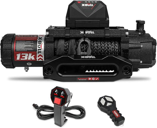X-BULL Electric Winch 13000 lb. Load Capacity with 79ft Synthetic Rope and Hawse Fairlead 12V IP68 Waterproof, Wired and Wireless Remote for 4WD 4x4 Off-Road Vehicle Truck Jeep