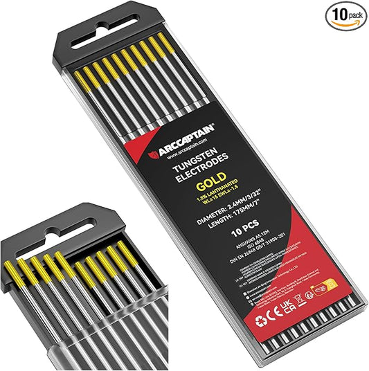 ARCCAPTAIN TIG Welding Tungsten Electrode 10-Pack 3/32"x 7"(Gold - 1.5% Lanthanated, WL15/EWLa-1.5)