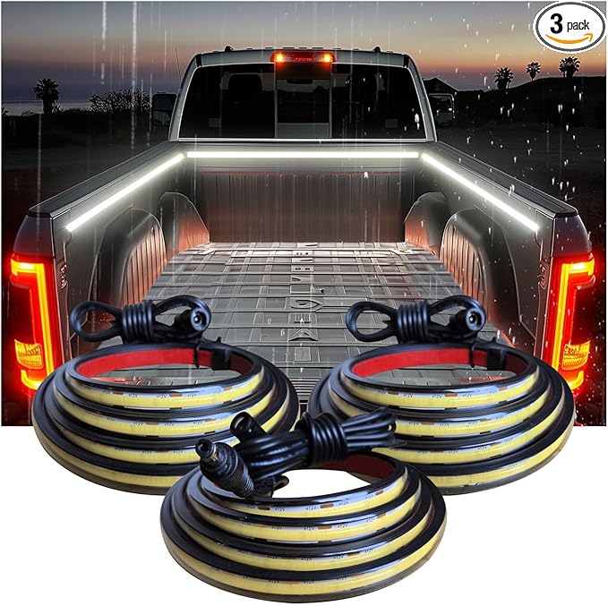 LED Truck Bed Lights, 3Pcs 60Inch 12V 6500K White COB Waterproof Lights Strip with Switch Blade Fuse Splitter, Cool Accessories for Pickup Truck Camper Van SUV RV Boat