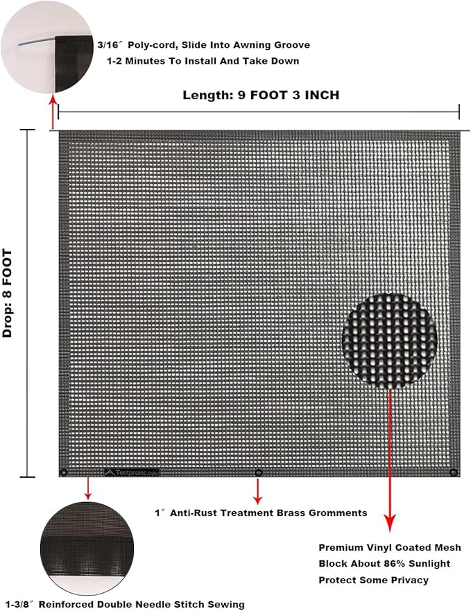 Tentproinc RV Awning Sun Shade Screen 8' X 9' 3'' (Fit for 10' Awning) Mesh Screen Sunshade Motorhome Camping Trailer Awning Shade Sunscreen Shadescreen UV SunBlocker - 3 Year Warranty (Black)