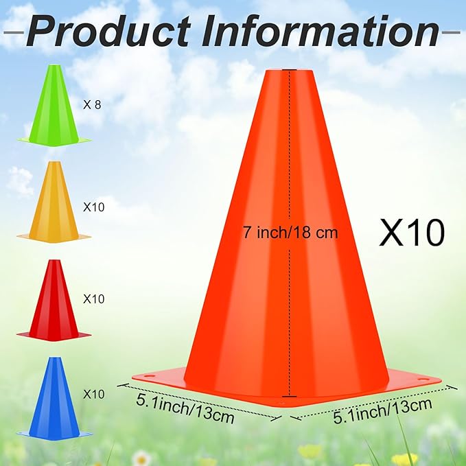 Leelosp 48 Pack 7" or 9" Plastic Traffic Cones Agility Field Marker Soccer/Safety/Sports/Training Cones for Skating Basketball Football Practice Drills Themed Party Decorations