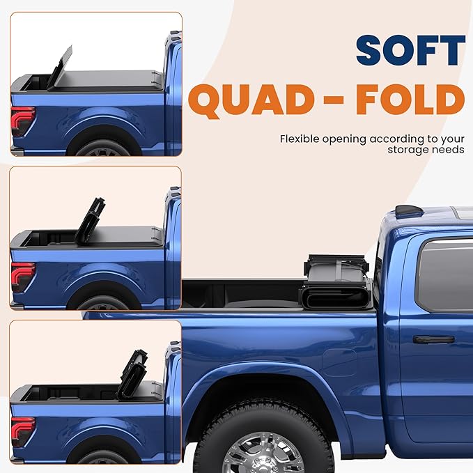 Quad 4-Flip 5.5FT Soft Flip Truck Bed Tonneau Cover On Top Compatible with 2015-2024 2025 Ford F150 F-150 Bed Fourth Flip Styleside Truck Bed Cover