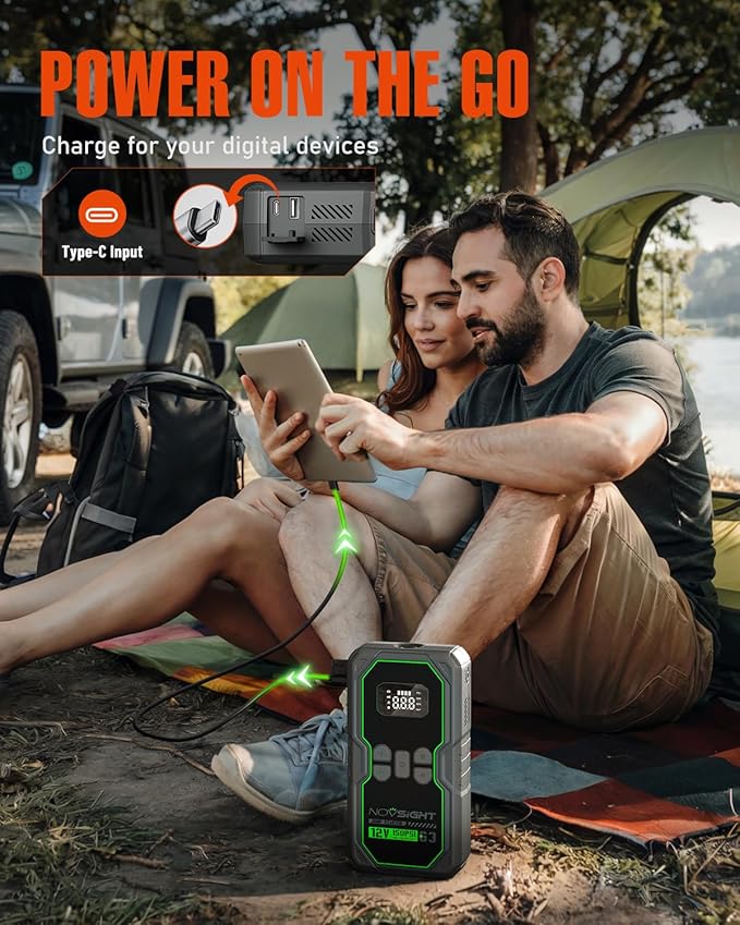 NOVSIGHT Jump Starter with Air Compressor - 6250A Portable Battery Jump Starter for Car(5L Gas/3L Diesel) 12V Car Jump Box & 150PSI Auto-Shut Tire Inflator with Carrying Case(Green)