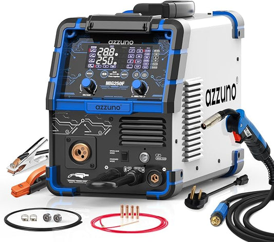 AZZUNO Aluminum 250Amp MIG Welder,6 in 1 Gas MIG/Gasless Flux Core/Stick/Lift TIG/Spot Welding/Spool Gun Compatible Welding Machine 110V/220V Large LED Display Multi Process Welder