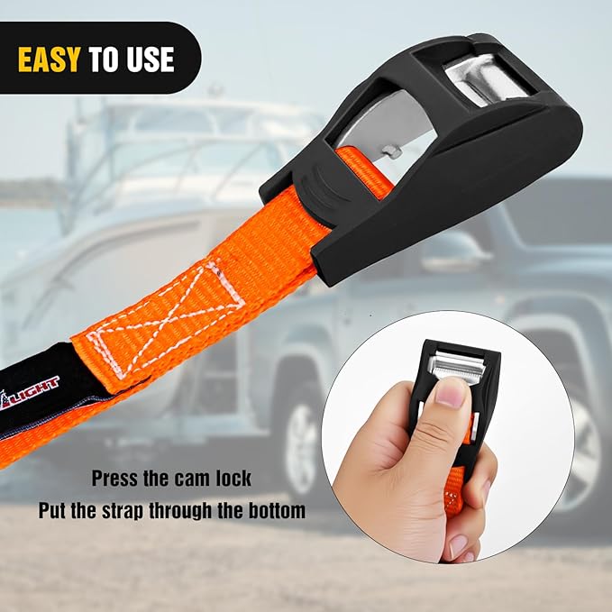 Nilight 1in x 12ft Heavy Duty Lashing Straps 4PCS Adjustable Cam Buckle Tie-Down Straps 1320LBS for Motorcycle Boat RV Cargo Trucks Trailer Luggage Orange&Black