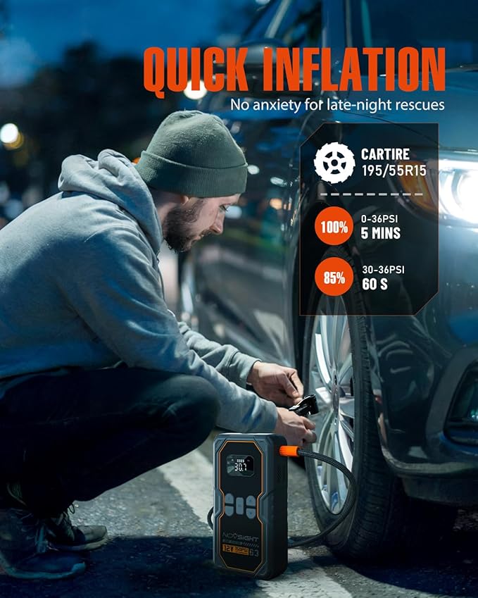 NOVSIGHT Jump Starter with Air Compressor - 6250A Portable Battery Jump Starter for Car(5L Gas/3L Diesel) 12V Car Jump Box & 150PSI Auto-Shut Tire Inflator with Carrying Case(Orange)