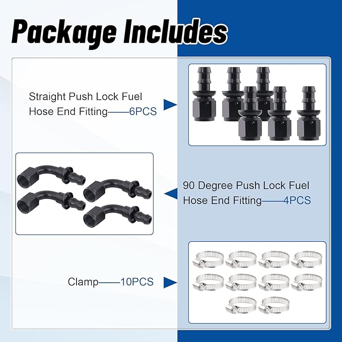 10AN Push Lock Hose Fitting End Kit Straight and 90 Degree Elbow Black Ends with Hose Clamps for Rubber Fuel Line 10PCS