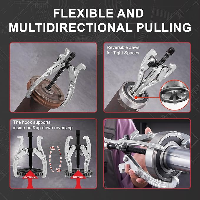 6-Piece Bearing Puller Set, 1"-8" Gear & Pulley Puller, 3-Jaw Industrial Tool with Reversible Jaws