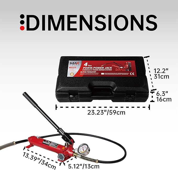 4 Ton (8800 lbs Capacity) Porta Power Jack Hydraulic Ram Auto Body Frame Collision Repair Kit Set, 18-Pcs, with Blow Mold Carrying Case and Gauge
