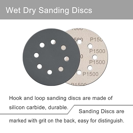 100 Pcs 5 Inch Sanding Discs Hook & Loop 8 Holes Wet Dry 1500 Grit Sandpaper Silicon Carbide Sand Paper for Orbital Sander Automotive Wood Plastic Metal Polishing(100Pcs 1500 Grit)