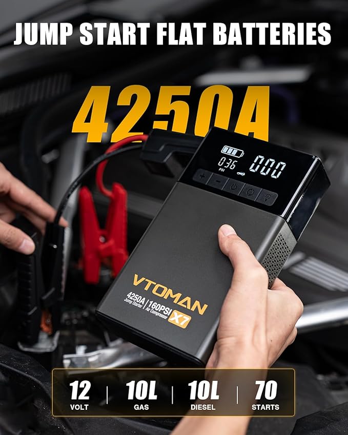 VTOMAN X7 Jump Starter with Air Compressor, 4250A&160PSI Pickup Trucks & Suvs Battery Car Jumper Starter Portable(10L Gas/10L Diesel) with Auto-Shutoff Tire Inflator, 12V Lithium Booster Box, QC3.0