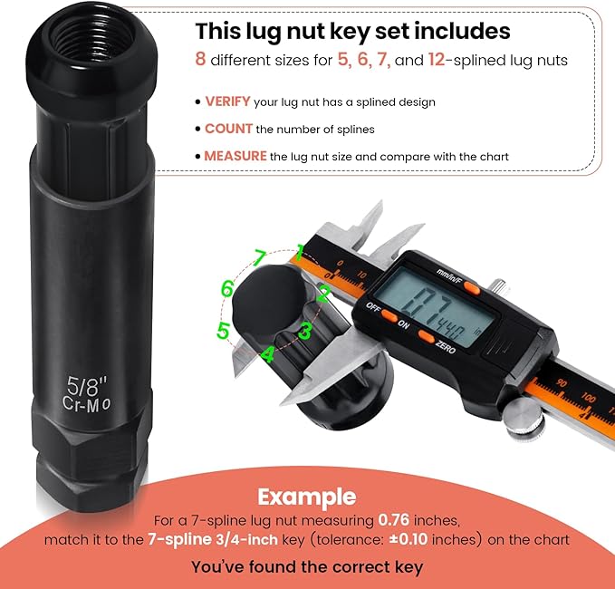 REBRA 6 Spline & 7 Spline Lug Nut Socket Set, Drive Wheel Lock Key, Locking Nut Removal Tool for Easy Installation on Aftermarket Rims (8-Pieces)