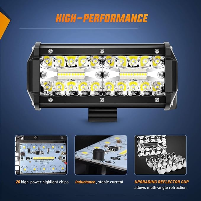Nilight 6.5Inch 2PCS 120W Spot & Flood Combo Bar Driving Waterproof Led Work Light Triple Rows with 5 Pin Rocker Switch Power 16AWG Wiring Harness Kit-2 Leads for Off-Road Truck , 2 Years Warranty