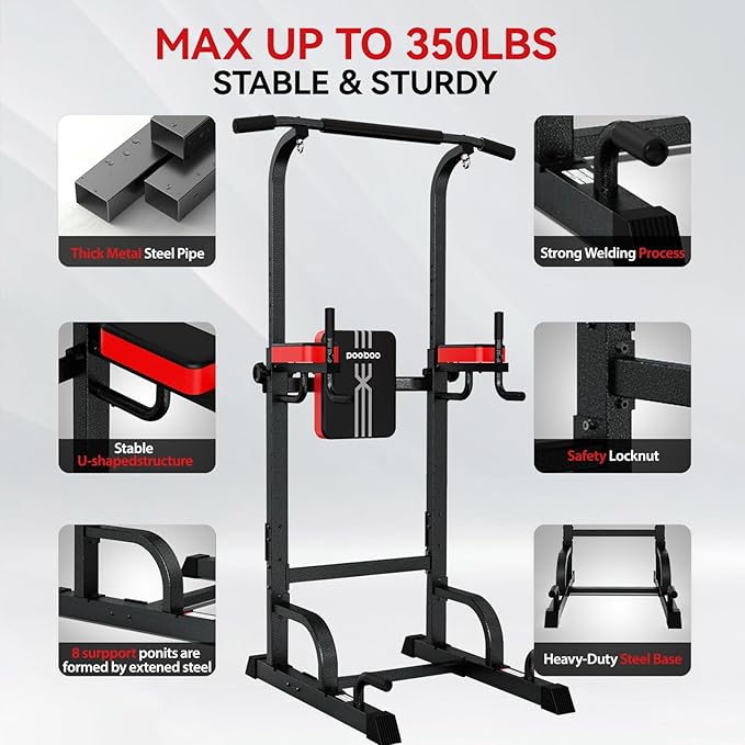 Power Tower Dip Station Pull Up Bar for Fitness Home Gym Workout,Multi-Function Adjustable Height Fitness Strength Training Exercise Equipment,with Power Elastic Ropes (Red Black)