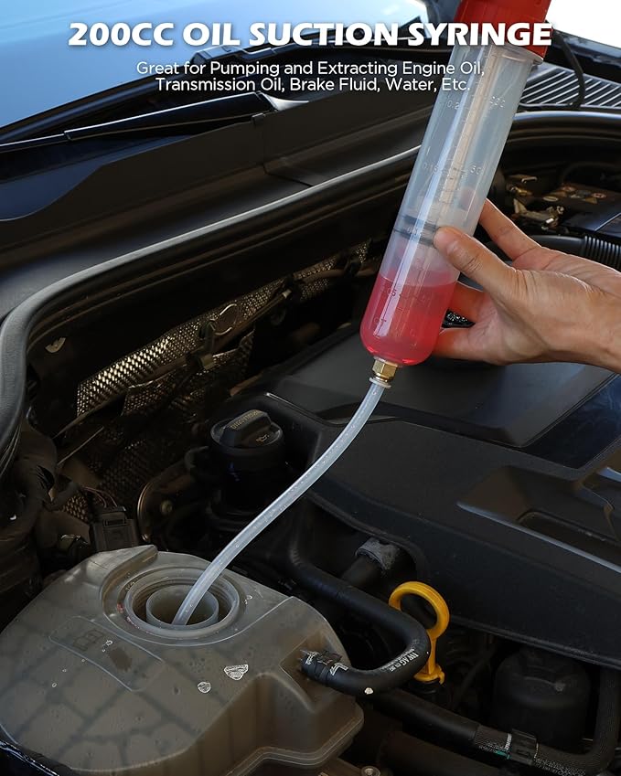 200CC Automotive Fluid Extractor Syringe Pump with Long Hose and Extension Tubes, Oil Extractor Fluid Pump Oil Evacuator and Dispenser Pump for Engine Oil, ATF, Coolant, Brake & Power Steering Fluids