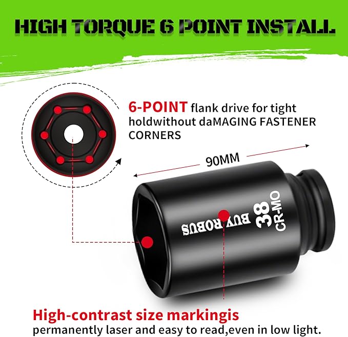 3/4 inch Drive Impact Socket Set, 14 Piece Heavy Duty CR-MO Deep/Jumbo Sockets 6 Point Design, Metric 17MM to 38MM, for Large Vehicle and Apparatus Maintenance
