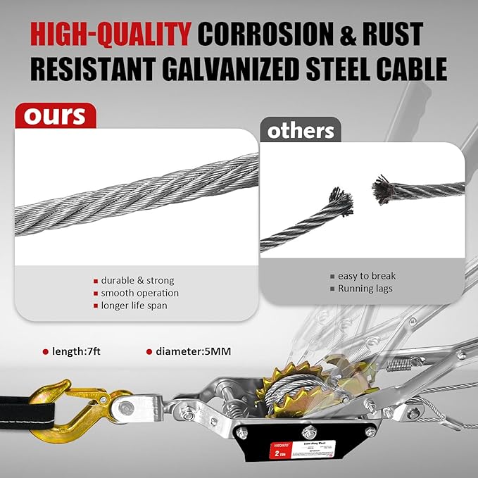 Come Along Winch 2 Ton Pulling Capacity with Two 1"x8FT Lifting Sling 2 Hooks Heavy Duty Power Cable Come Along Tool with Dual Gears Automotive Hoist Winch Puller