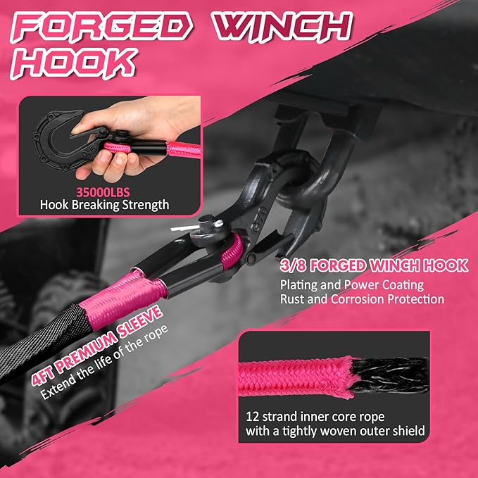 Synthetic Winch Rope, 3/8'' x 85ft 25,000LBS Double Braided Synthetic Winch Line 3/8 Winch Cable Replacement Synthetic Rope with Forged Winch Hook for 4WD Off Road Vehicle SUV Truck(Pink)