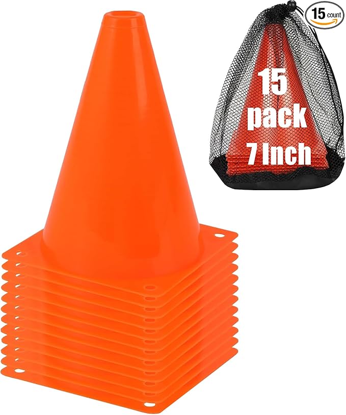 7 Inch Soccer Cones with Carry Bag,15 Pcs Sports Training Cones, Basketball Football Skating Drills Cones, Small Plastic Agility Marker Cone For Indoor and Outdoor Games,Orange Mini Traffic Cones